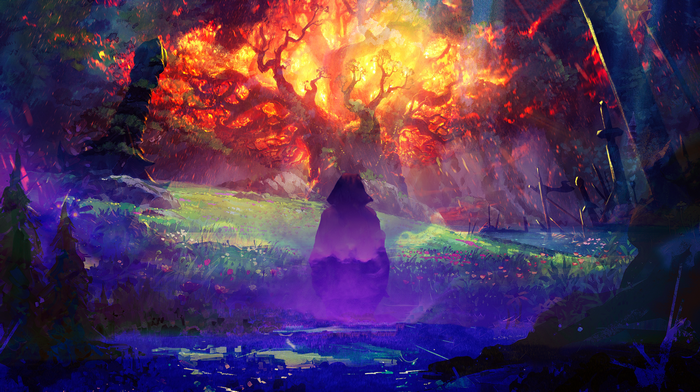 Fantasy landscape with a hooded figure and a glowing tree