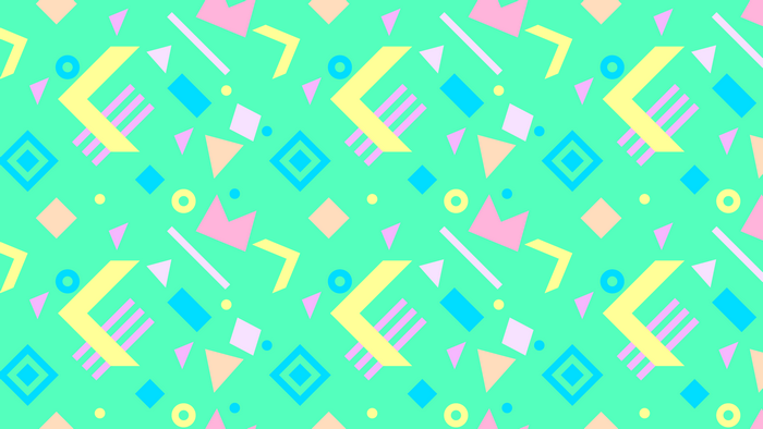 90s geometric pattern with pastel shapes on green background