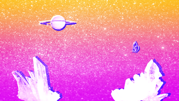 Planet with rings and butterfly near crystals