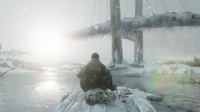 Man sitting on a frozen dock with a rifle in Metro Exodus