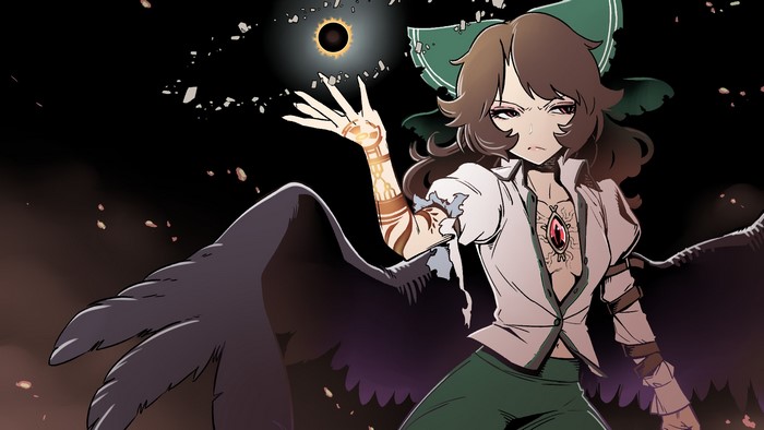 Reiuji Utsuho from Touhou with wings and an eclipse