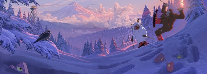 Yeti and Sasquatch skiing in snowy mountains