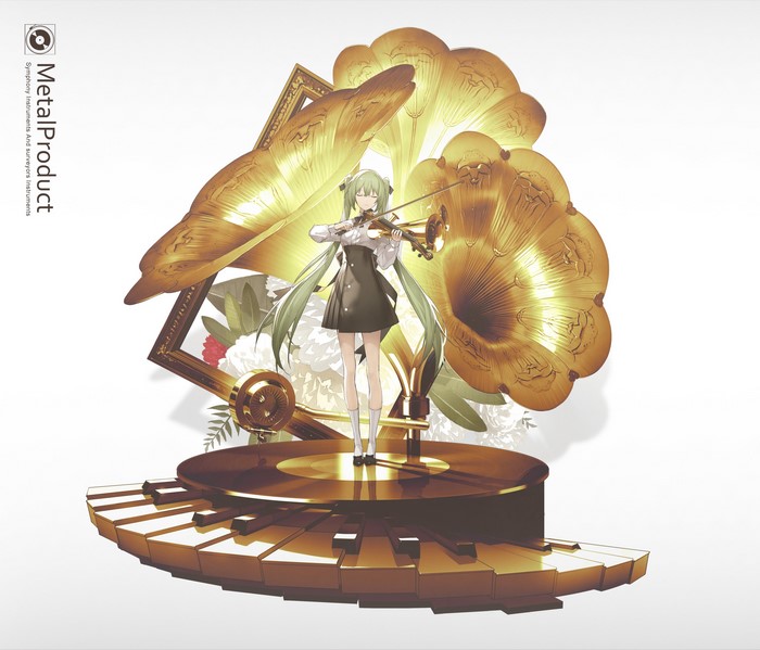 Hatsune Miku playing violin with phonograph and piano keys