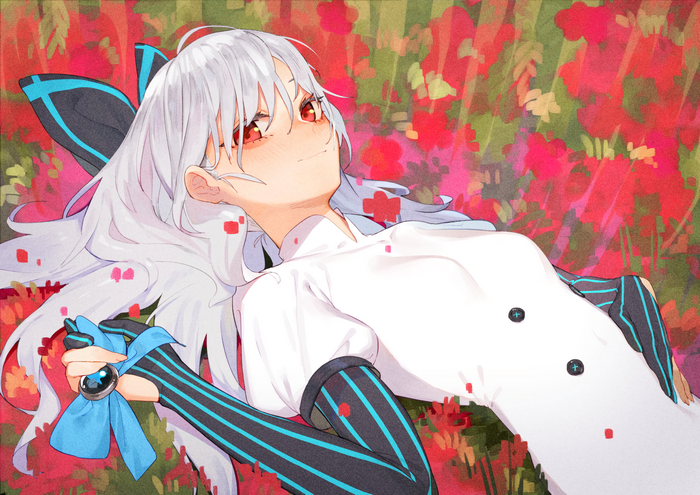 Anime girl with gray hair and red eyes lying in flowers