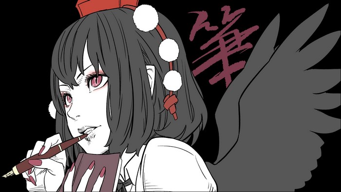 Shameimaru Aya from Touhou holding a pen