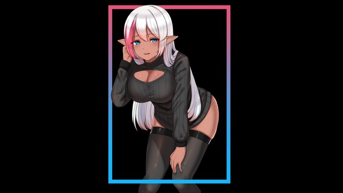 Dark Elf with white and pink hair in a black sweater