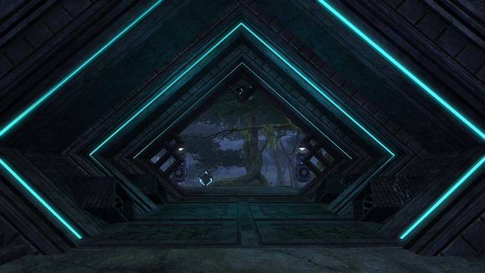 Guild Wars 2 concept art of a futuristic entrance to a forest