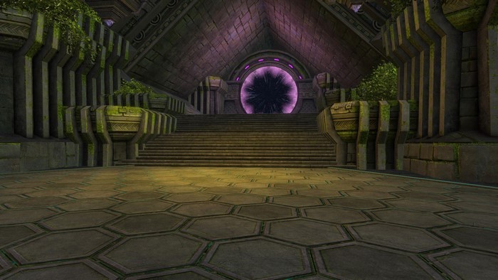 Fantasy portal in ancient stone structure with overgrown plants