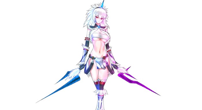 Monster Hunter: World character with blue and purple weapons