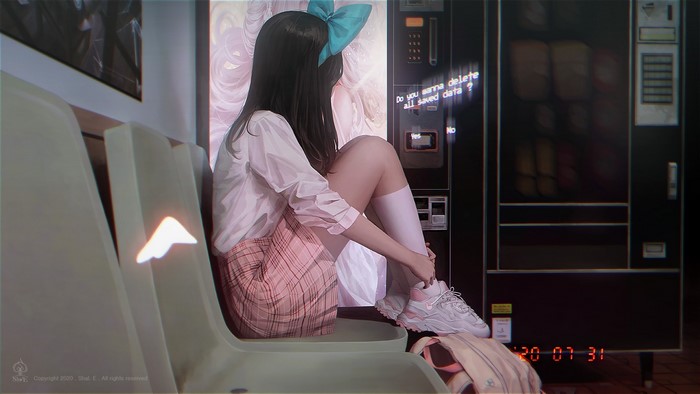 Girl in Pink Plaid Skirt and White Shirt Sitting