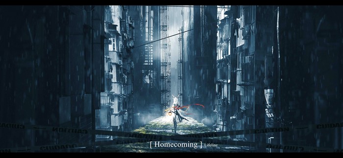 Frostnova from Arknights in a rainy alleyway