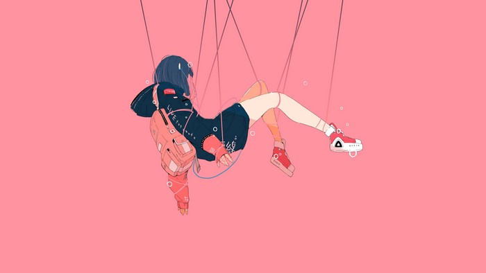 Anime girl with backpack floating, pink background