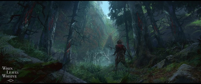 Fantasy art of a person in a forest