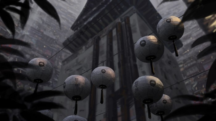 Lanterns hanging in front of a building
