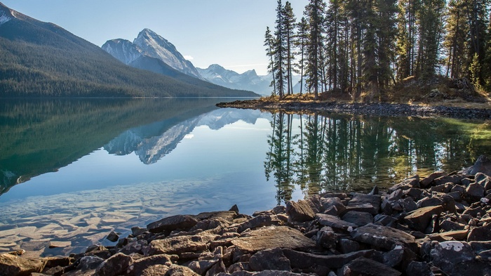 Mountain lake with pine trees and rocky shore