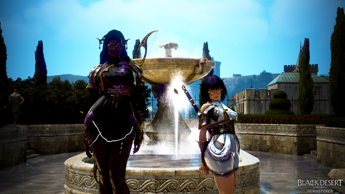 Two female characters in Black Desert Online by a fountain