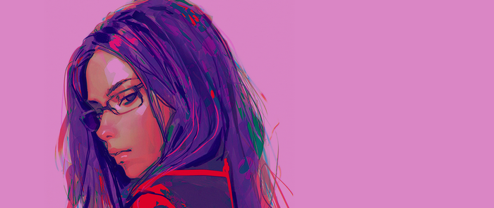 Anime girl with purple hair and glasses by Ilya Kuvshinov