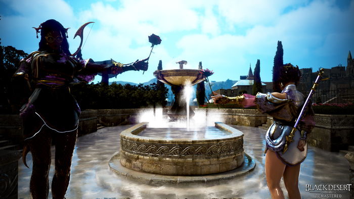 Two women with roses by a fountain in Black Desert Online