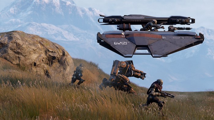Science fiction soldiers and mech in a landscape