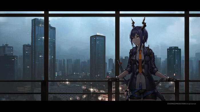 Chen from Arknights looking out a window at a cityscape