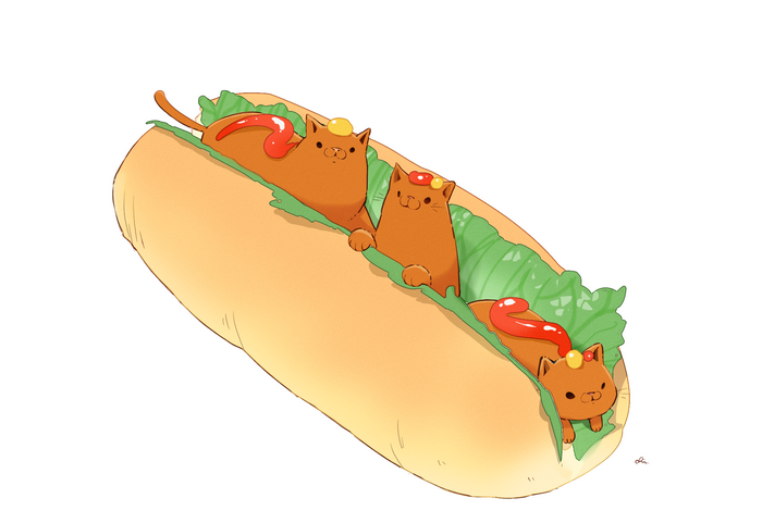 Cats in a hot dog bun with ketchup and mustard