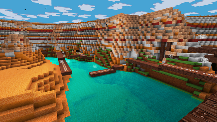 Minecraft canyon with water and wooden structures