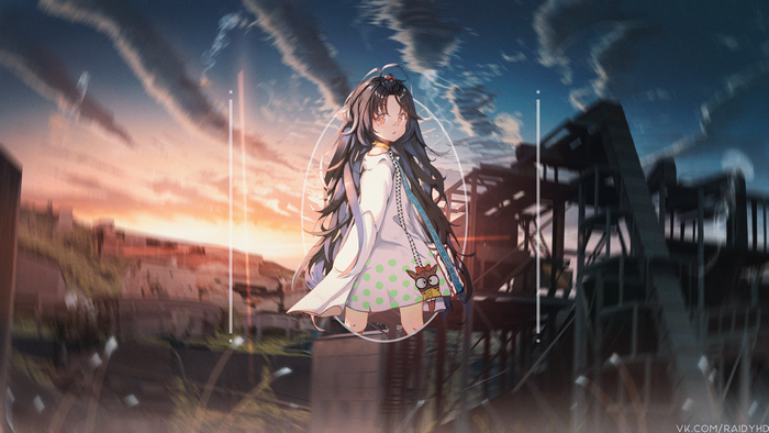 Anime girl with owl bag in ruined city