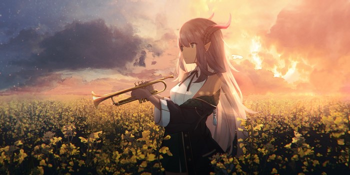 Anime girl with horns playing trumpet in a field