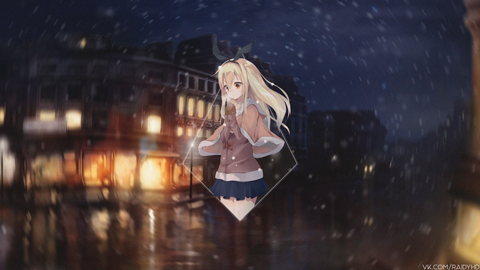 Anime girl in winter city, picture-in-picture