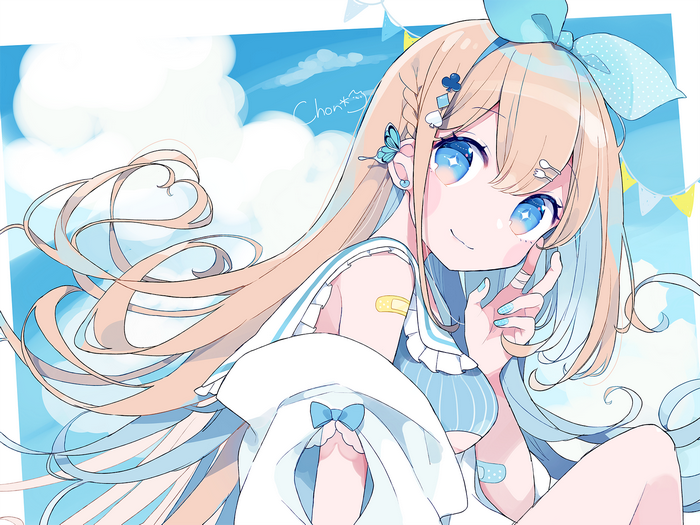 Anime girl with blonde hair and blue eyes, Chon artwork