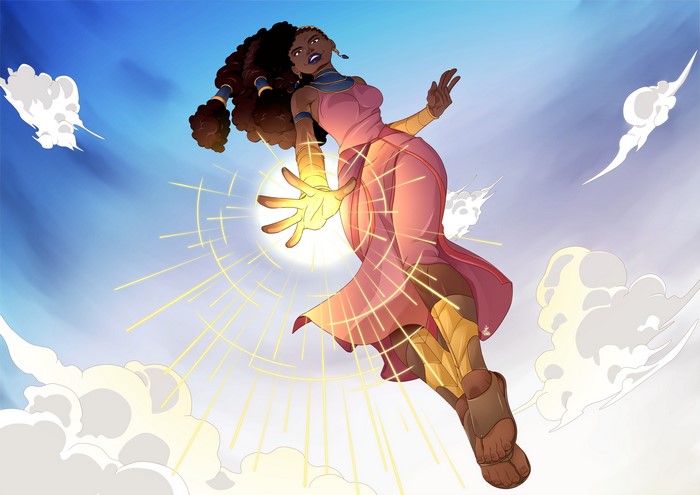 Fantasy girl Neterou Sekhmet flying in the sky
