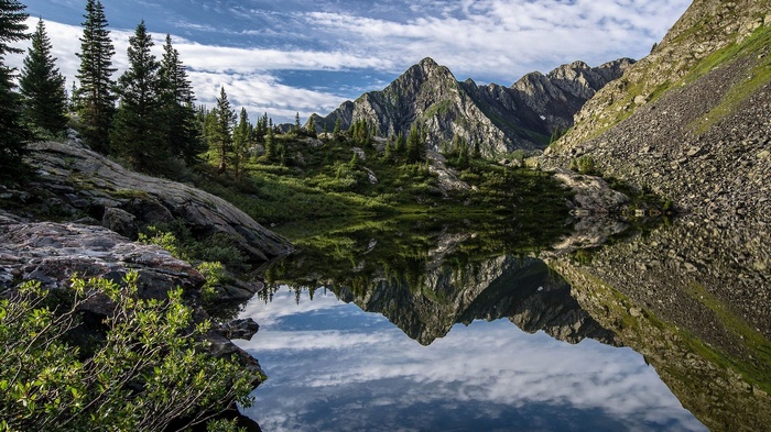 Mountain lake reflecting peaks and trees
