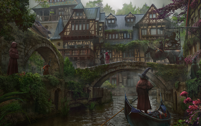 Medieval Fantasy Town with River and Stone Bridges