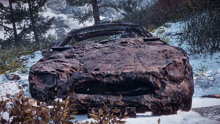 Wrecked sports car in snow, Horizon: Zero Dawn Frozen Wilds