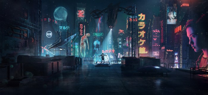 Cyberpunk city with holographic advertisements and a performer