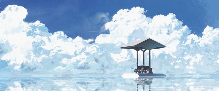 Anime fishing scene with large clouds over water