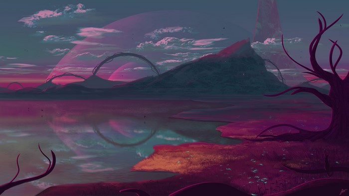 Alien world landscape with strange formations and reflections