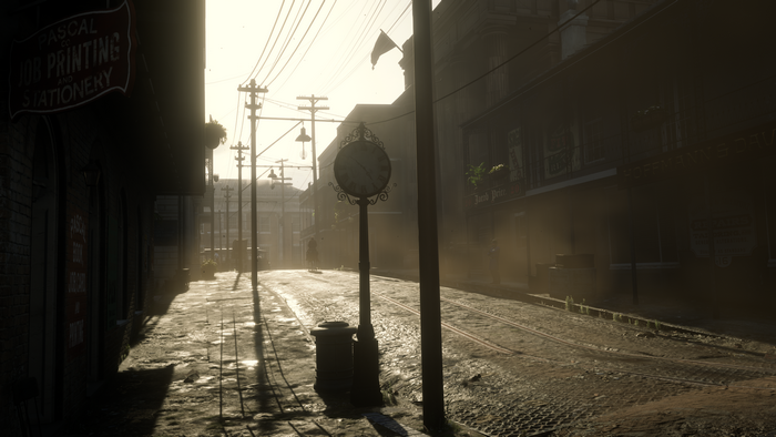Red Dead Redemption 2 street scene with clock