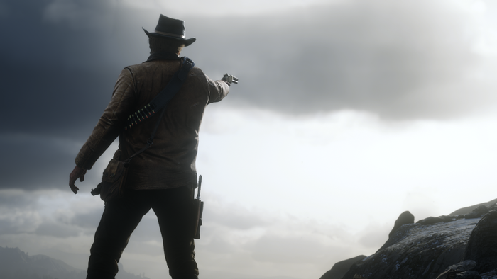Arthur Morgan from Red Dead Redemption 2 aiming a pistol