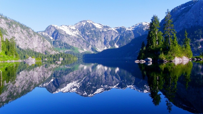 Mountain lake with reflections and island