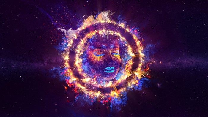 Digital art of a woman's face in a fiery ring