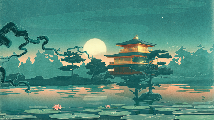 Japanese temple by a lake with a large moon