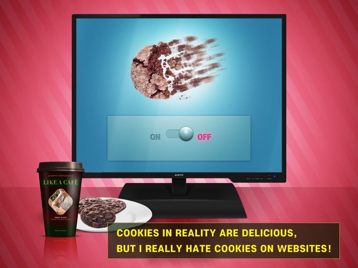 Monitor displaying cookie toggle with coffee and cookies