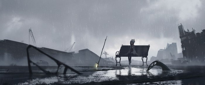 Girl with mask sitting on bench in ruins during rain