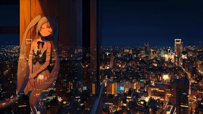4K Hatsune Miku sleeping by a window overlooking a cityscape at night
