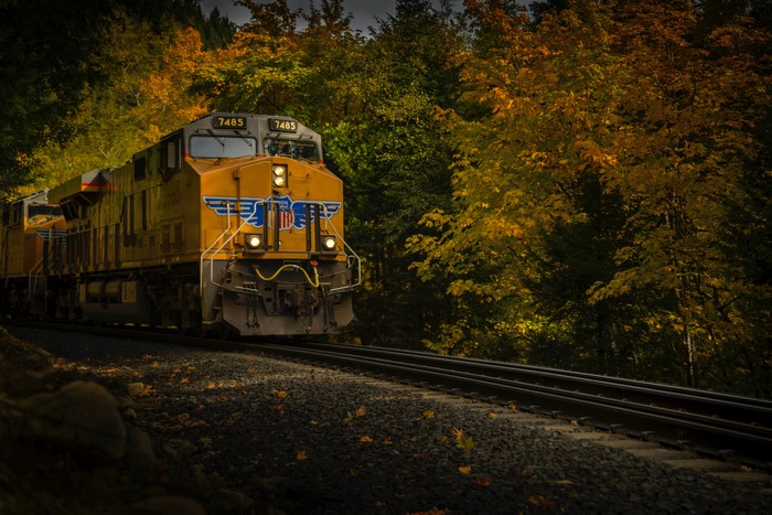 Yellow Union Pacific locomotive in autumn forest