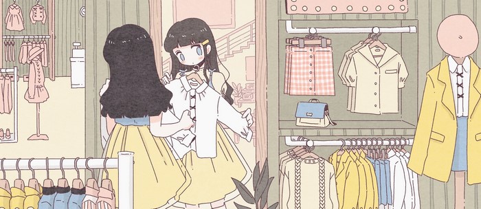 Anime girls shopping for clothes in a boutique