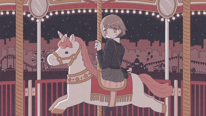 Anime girl on a carousel unicorn at night