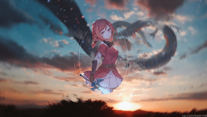 Anime girl with sword and dragon in sky
