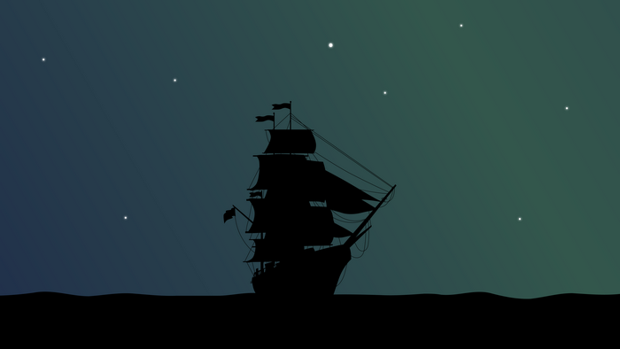 Silhouette of a pirate ship sailing at night under stars